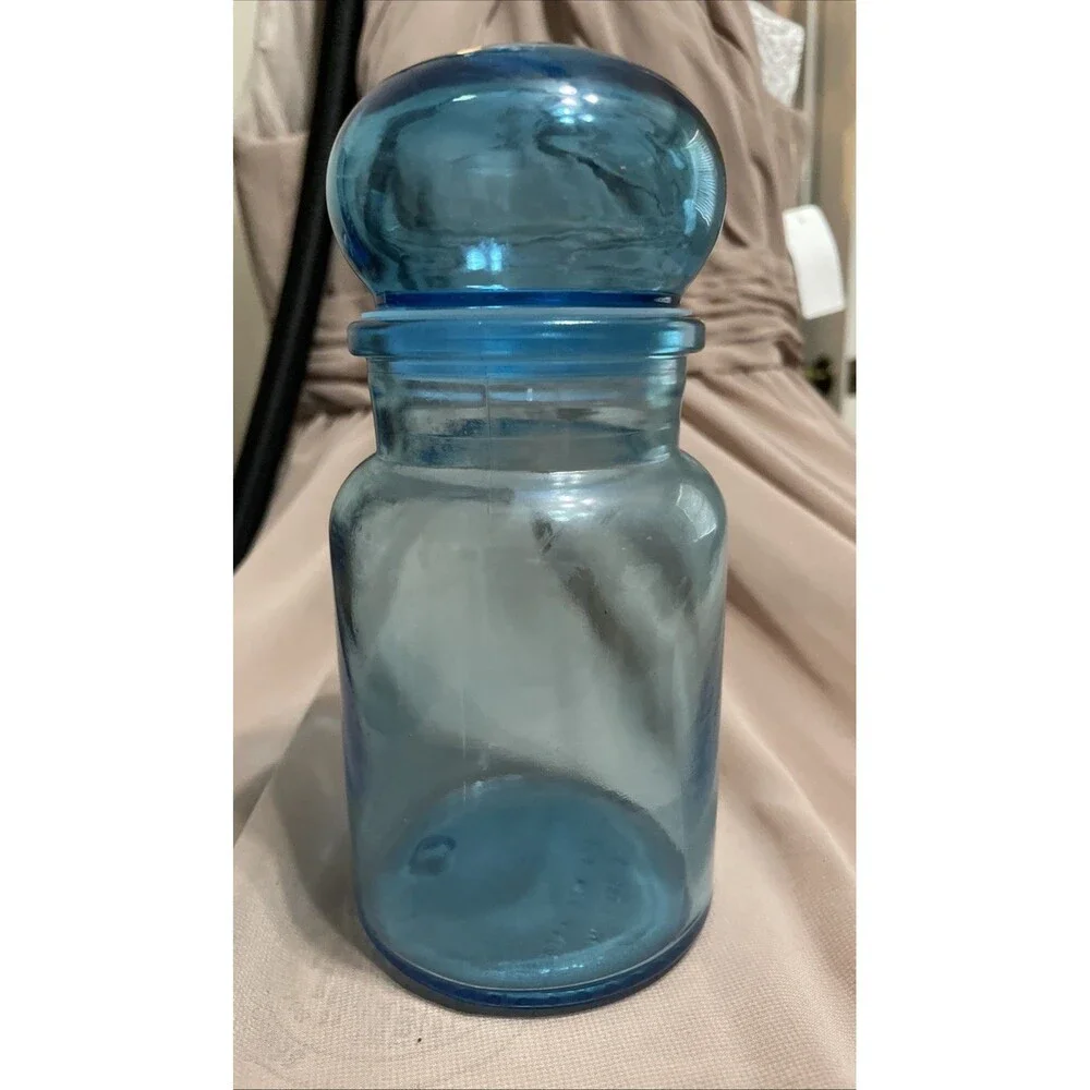 Vintage Blue Glass Apothecary Jar Canister with Bubble Lid 7” Made In Belgium